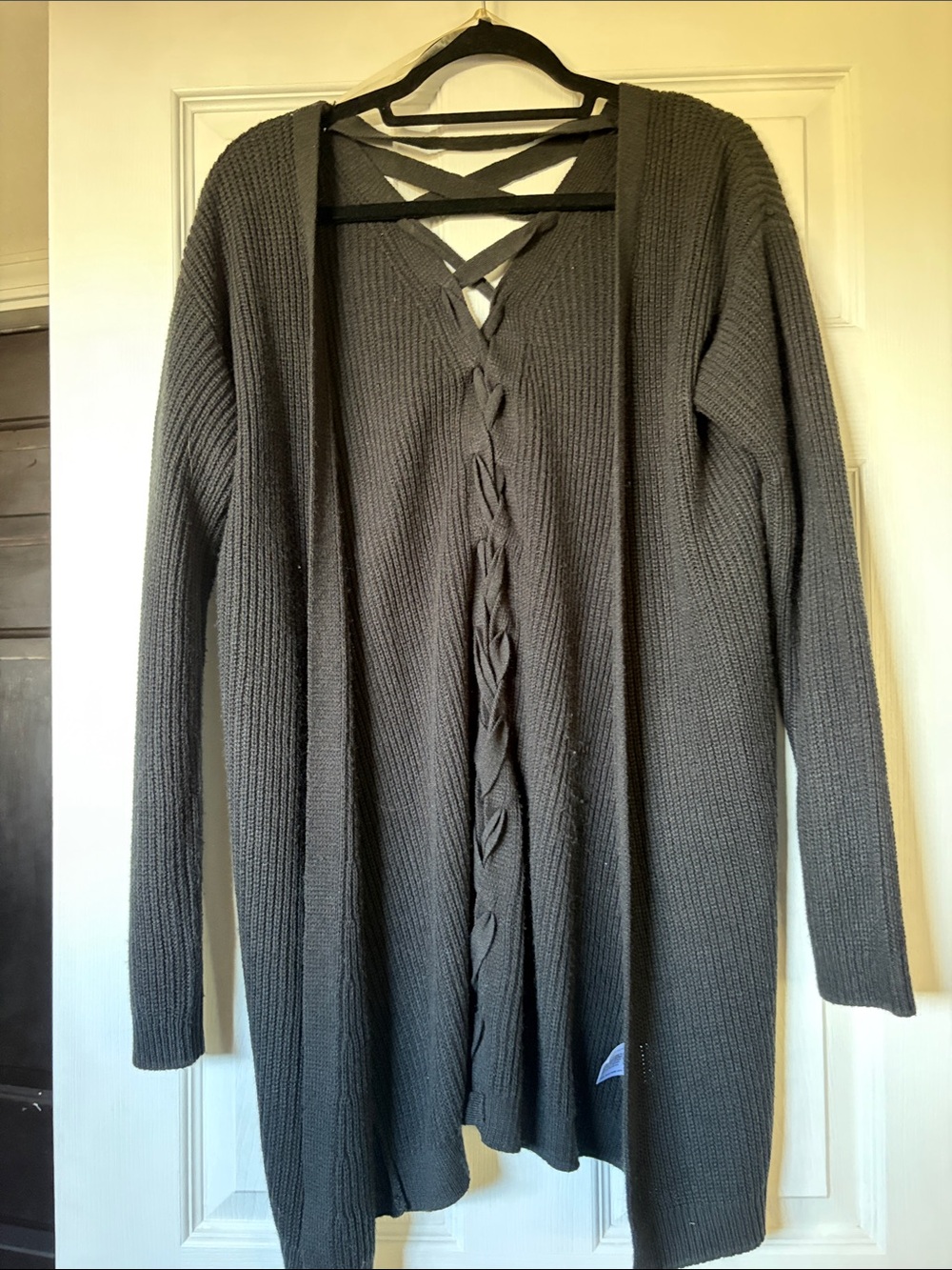 Xhilaration Charcoal Gray Open-Front Knit Cardigan with Crisscross Back